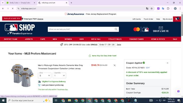 Pittsburgh Pirates checkout page showing Pittsburgh Pirates promo code box | Screenshot taken by SimplyCodes community member on Sep 29, 2025