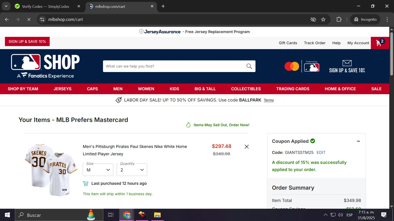 Pittsburgh Pirates promo code screenshot showing code GIANTSSTM25 applied at Pittsburgh Pirates checkout page. Uploaded by SimplyCodes community member Anderson on Aug 31, 2025