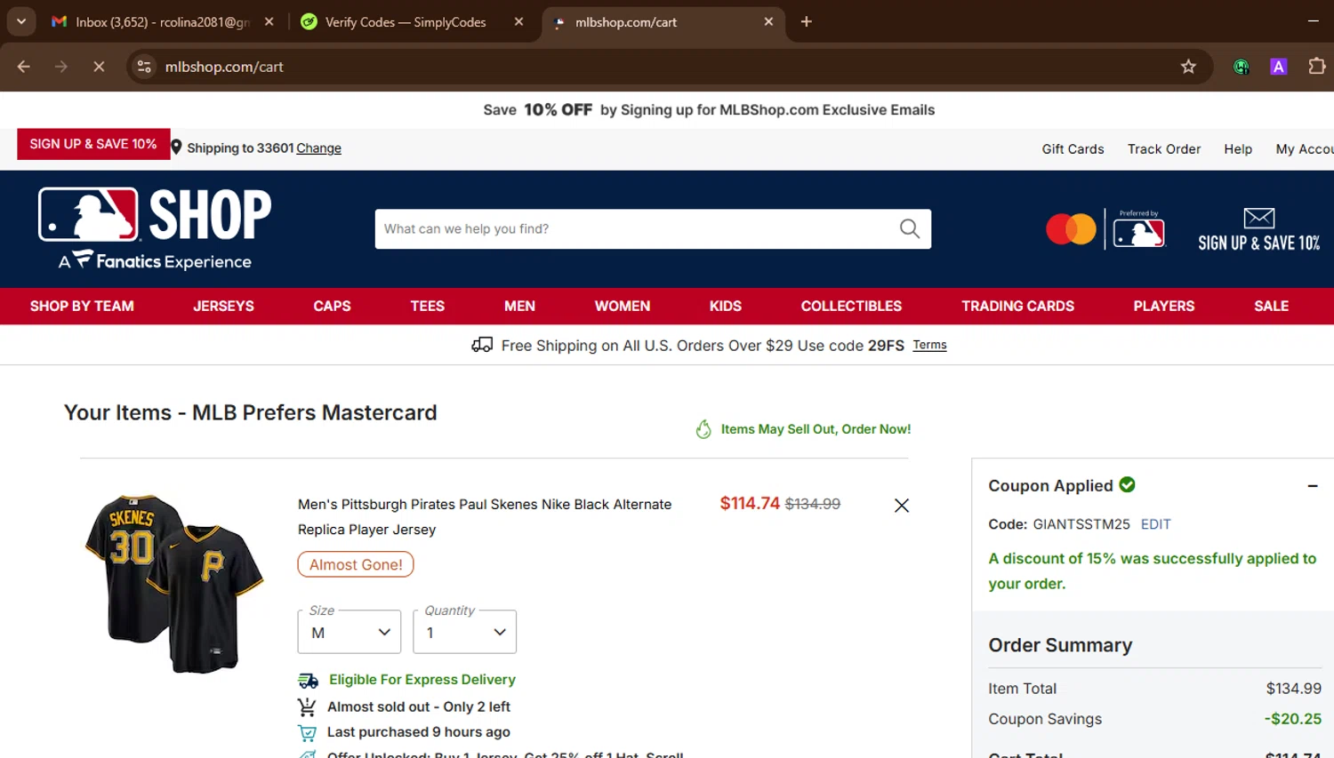 Pittsburgh Pirates promo code screenshot showing code GIANTSSTM25 applied at Pittsburgh Pirates checkout page. Uploaded by SimplyCodes community member SnoopDogg on Sep 22, 2025