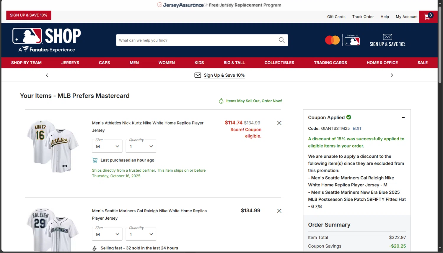 Pittsburgh Pirates promo code screenshot showing code GIANTSSTM25 applied at Pittsburgh Pirates checkout page. Uploaded by SimplyCodes community member TokioMiller on Oct 3, 2025