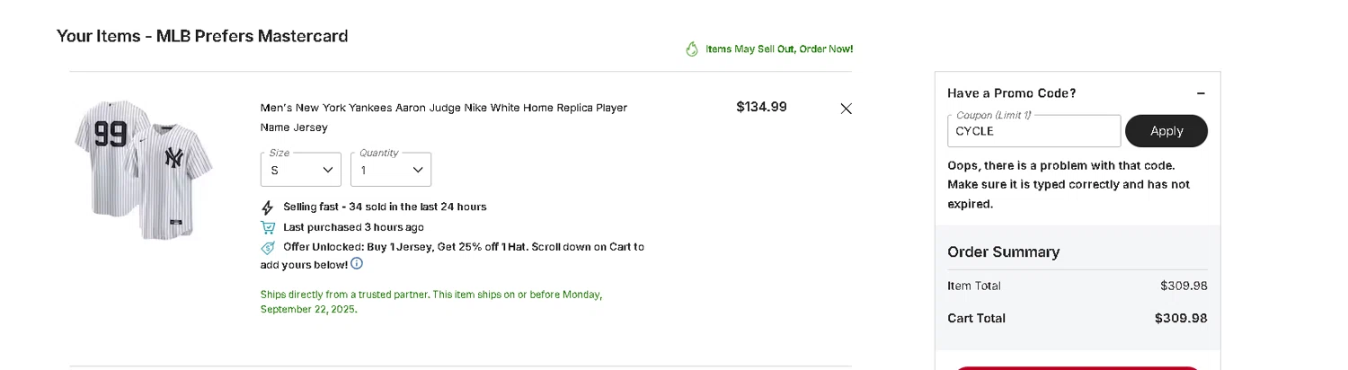 Pittsburgh Pirates promo code screenshot showing code CYCLE applied at Pittsburgh Pirates checkout page. Uploaded by SimplyCodes community member Netheryno on Sep 21, 2025