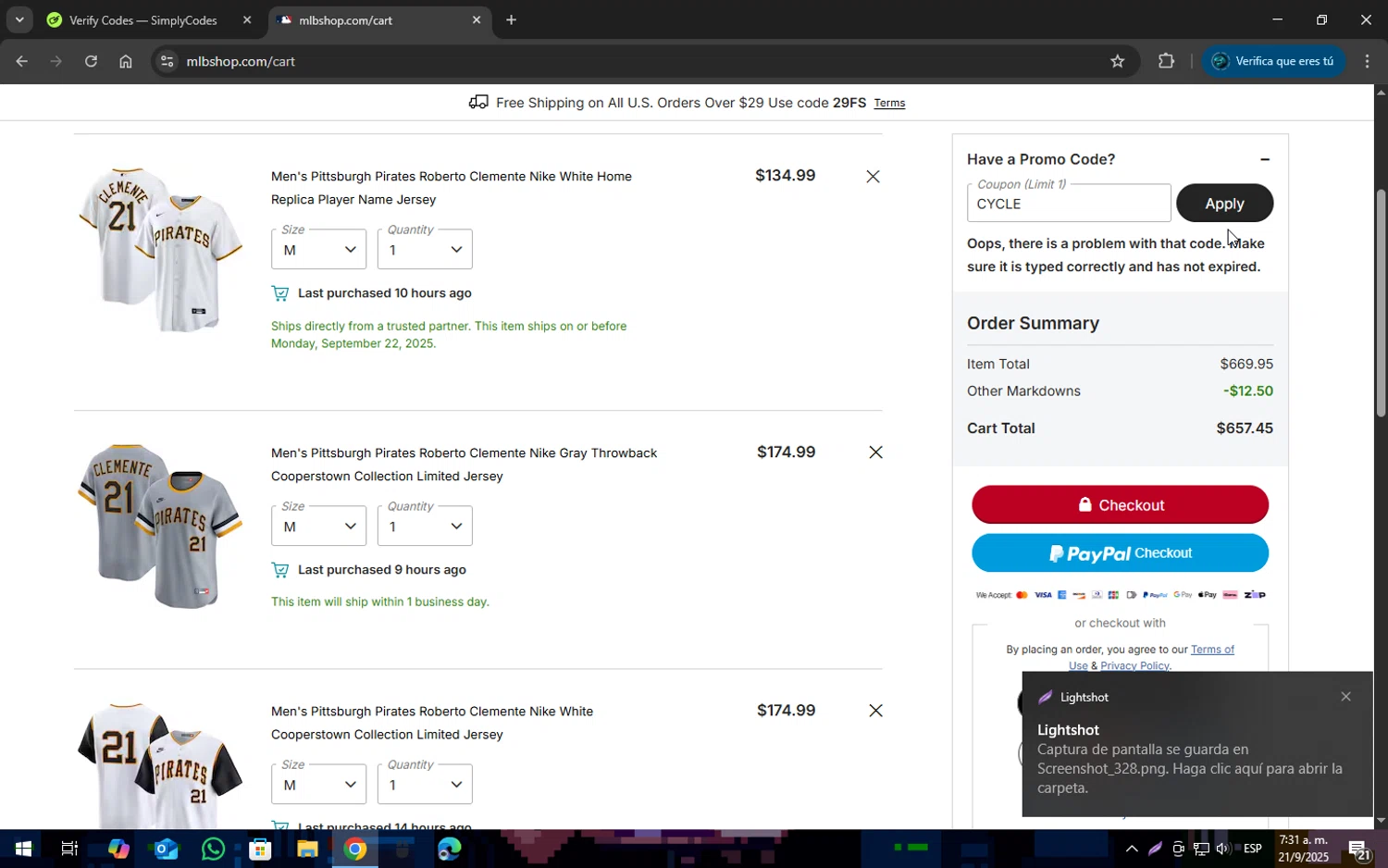 Pittsburgh Pirates promo code screenshot showing code CYCLE applied at Pittsburgh Pirates checkout page. Uploaded by SimplyCodes community member SOPACONPAN on Sep 21, 2025