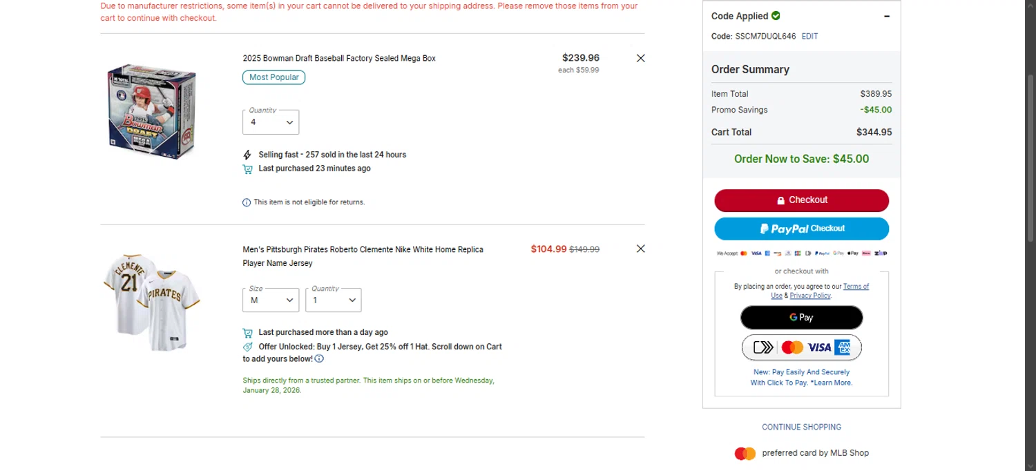 Pittsburgh Pirates checkout page showing Pittsburgh Pirates promo code box | Screenshot taken by SimplyCodes community member on Jan 26, 2026