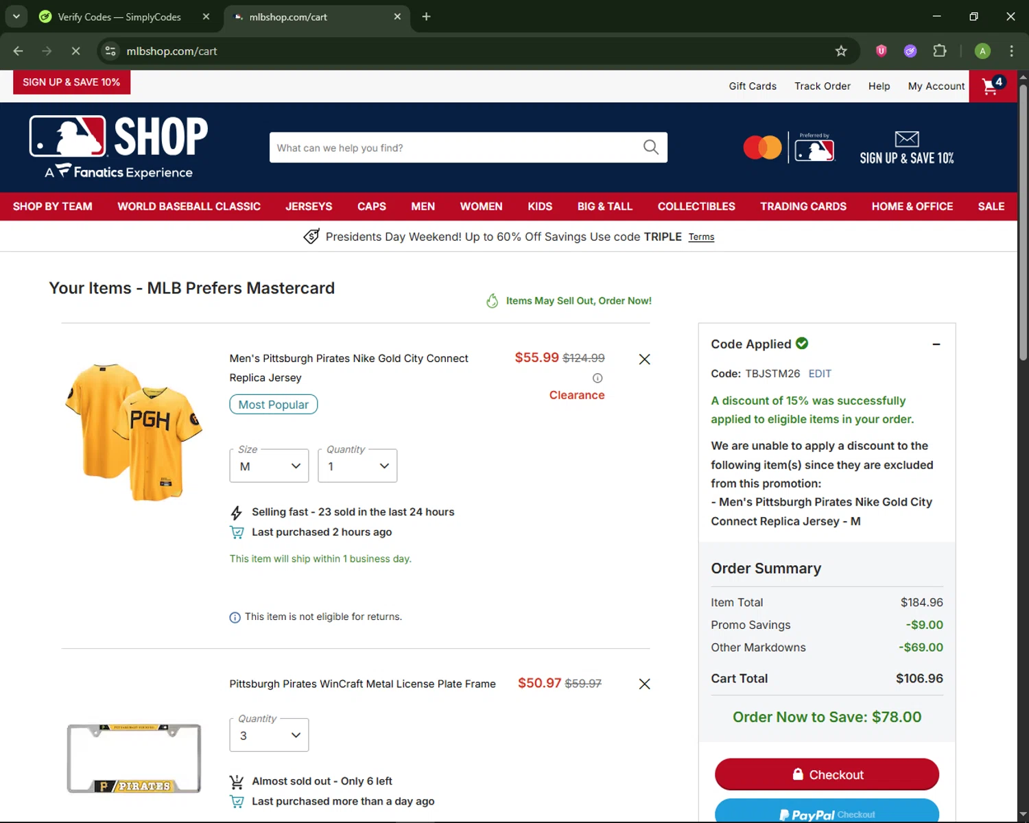 Pittsburgh Pirates checkout page showing Pittsburgh Pirates promo code box | Screenshot taken by SimplyCodes community member on Feb 15, 2026
