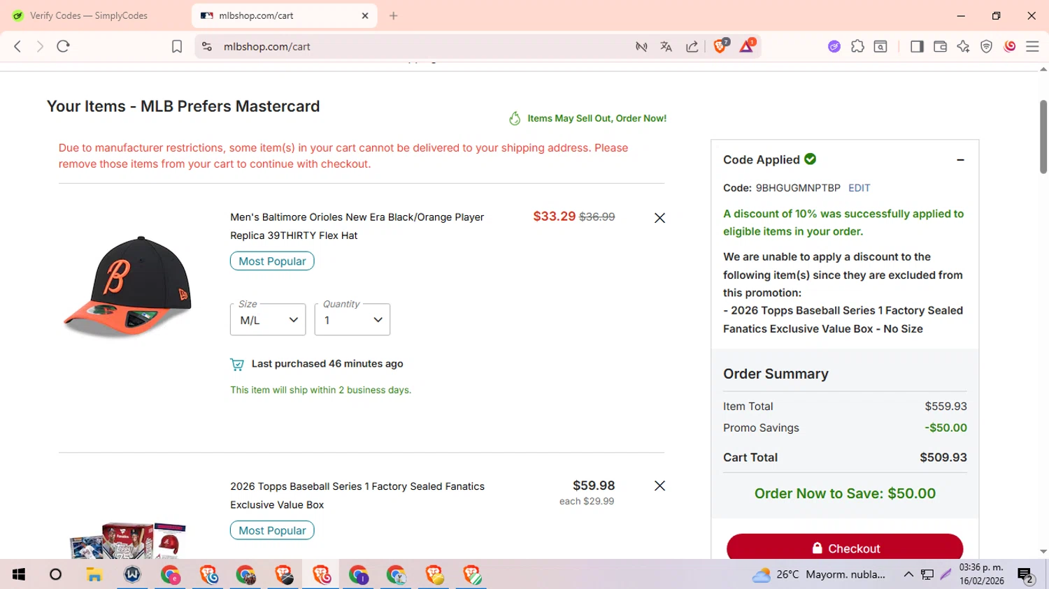Pittsburgh Pirates promo code screenshot showing code 9BHGUGMNPTBP applied at Pittsburgh Pirates checkout page. Uploaded by SimplyCodes community member Ingeniero on Feb 16, 2026