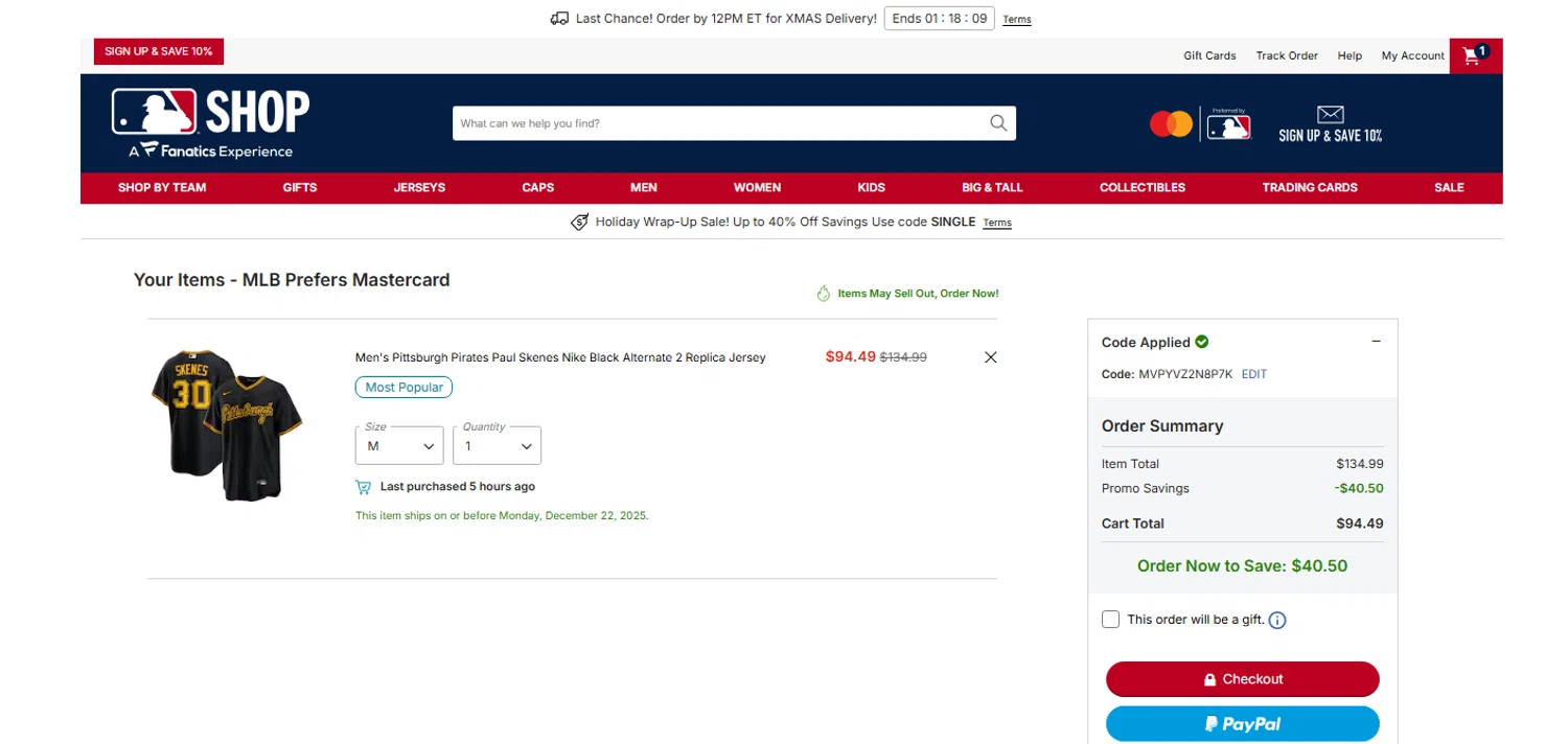 Pittsburgh Pirates promo code screenshot showing code MVPYVZ2N8P7K applied at Pittsburgh Pirates checkout page. Uploaded by SimplyCodes community member OnlywM on Dec 22, 2025