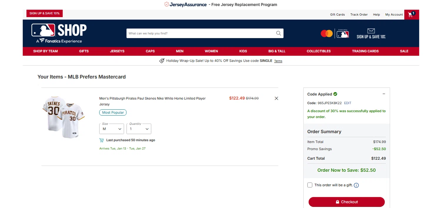 Pittsburgh Pirates promo code screenshot showing code 965JPE5K8K22 applied at Pittsburgh Pirates checkout page. Uploaded by SimplyCodes community member OnlywM on Dec 26, 2025