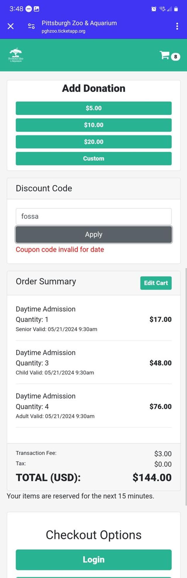 Pittsburgh Zoo checkout page showing Pittsburgh Zoo discount code box | Screenshot taken by SimplyCodes community member on May 1, 2024