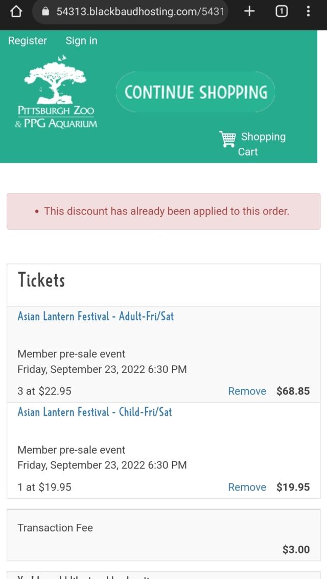 Pittsburgh Zoo checkout page showing Pittsburgh Zoo discount code box | Screenshot taken by SimplyCodes community member on Sep 23, 2022