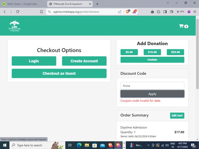 Pittsburgh Zoo checkout page showing Pittsburgh Zoo discount code box | Screenshot taken by SimplyCodes community member on Apr 17, 2024