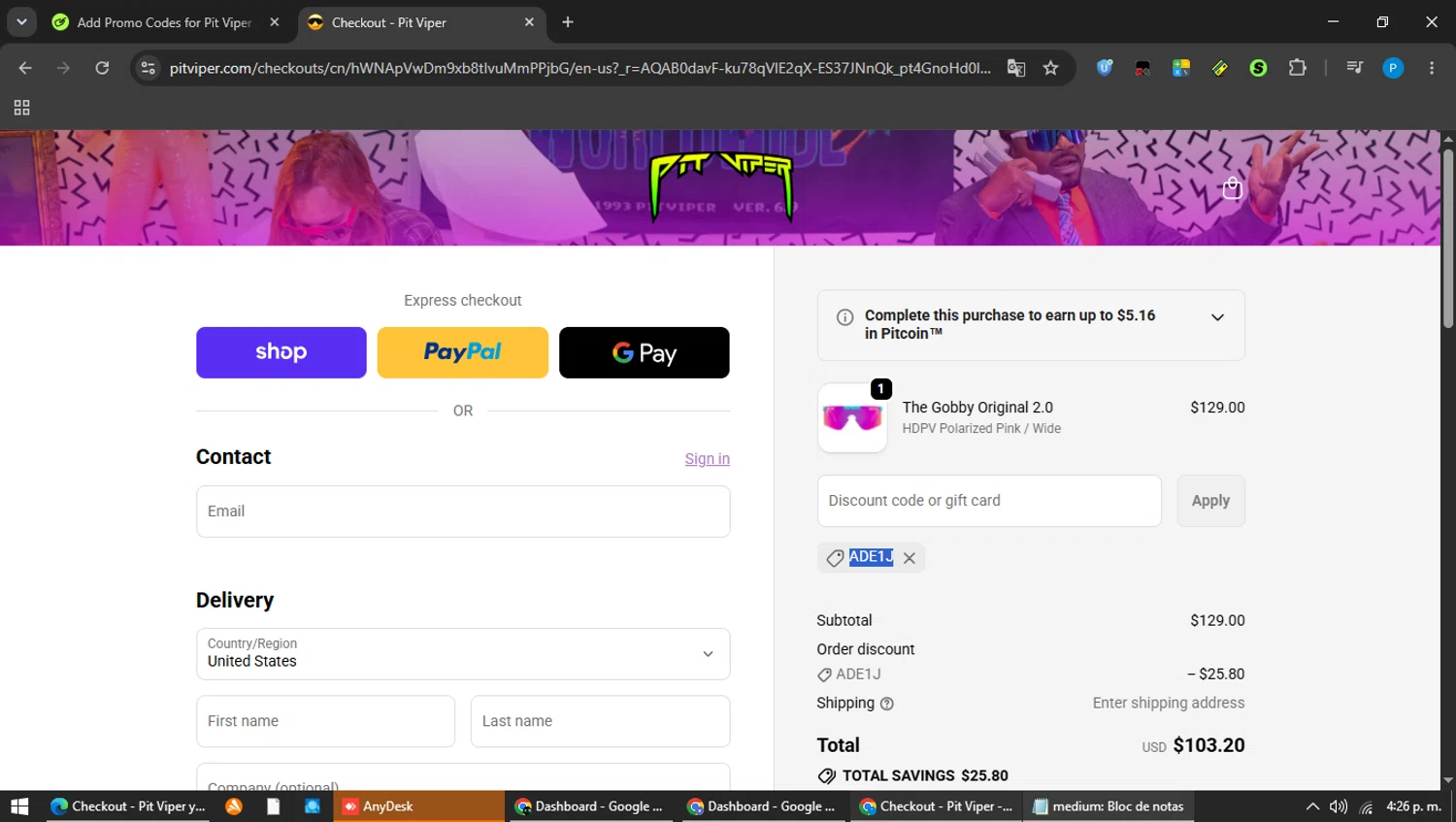 Pit Viper promo code screenshot showing code ADE1J applied at Pit Viper checkout page. Uploaded by SimplyCodes community member MAVESA on Jun 20, 2026