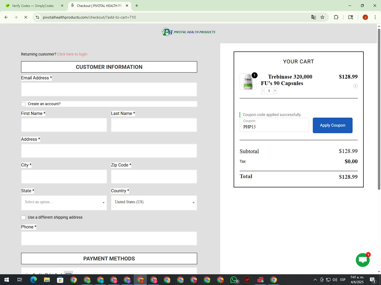 Pivotal Health Products checkout page showing Pivotal Health Products promo code box | Screenshot taken by SimplyCodes community member on Jun 4, 2025