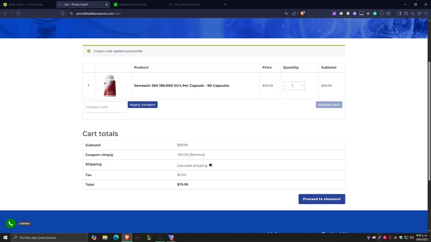 Pivotal Health Products promo code screenshot showing code SIMPLY applied at Pivotal Health Products checkout page. Uploaded by SimplyCodes community member Tragedy on Aug 28, 2025