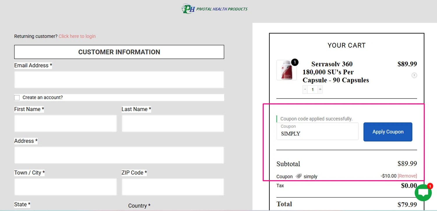 Pivotal Health Products promo code screenshot showing code SIMPLY applied at Pivotal Health Products checkout page. Uploaded by SimplyCodes community member Swiftdealz on Jun 30, 2025