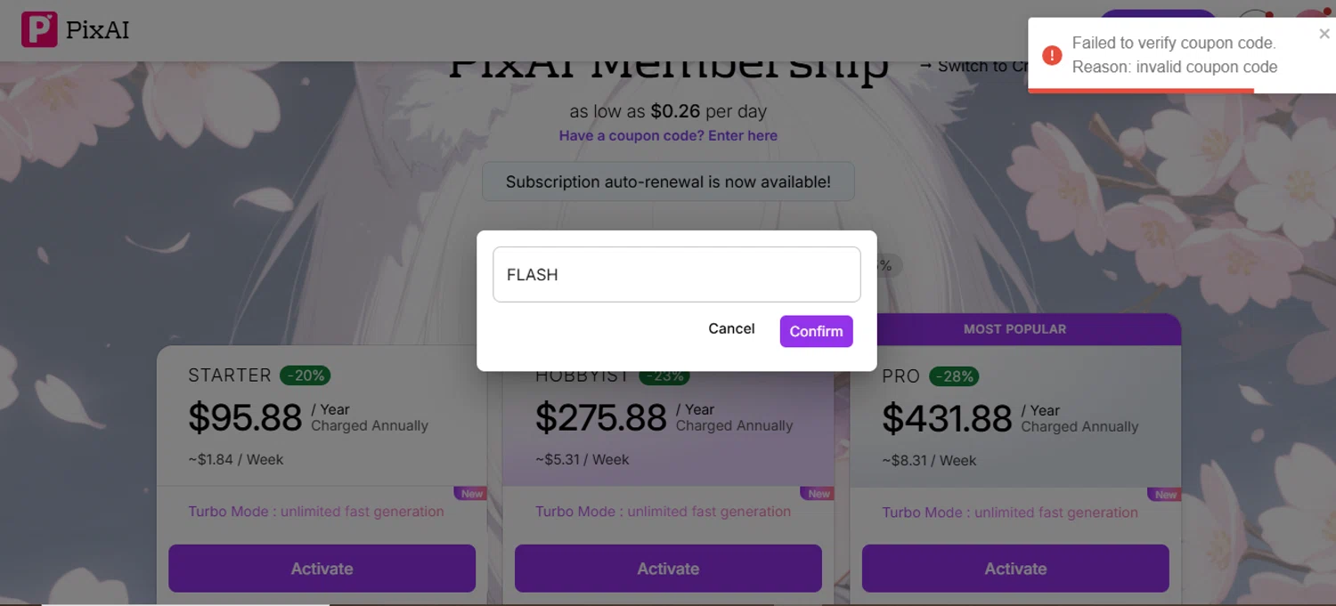 PixAI coupon code screenshot showing code FLASH applied at PixAI checkout page. Uploaded by SimplyCodes community member WiseLegend5590 on Feb 24, 2025