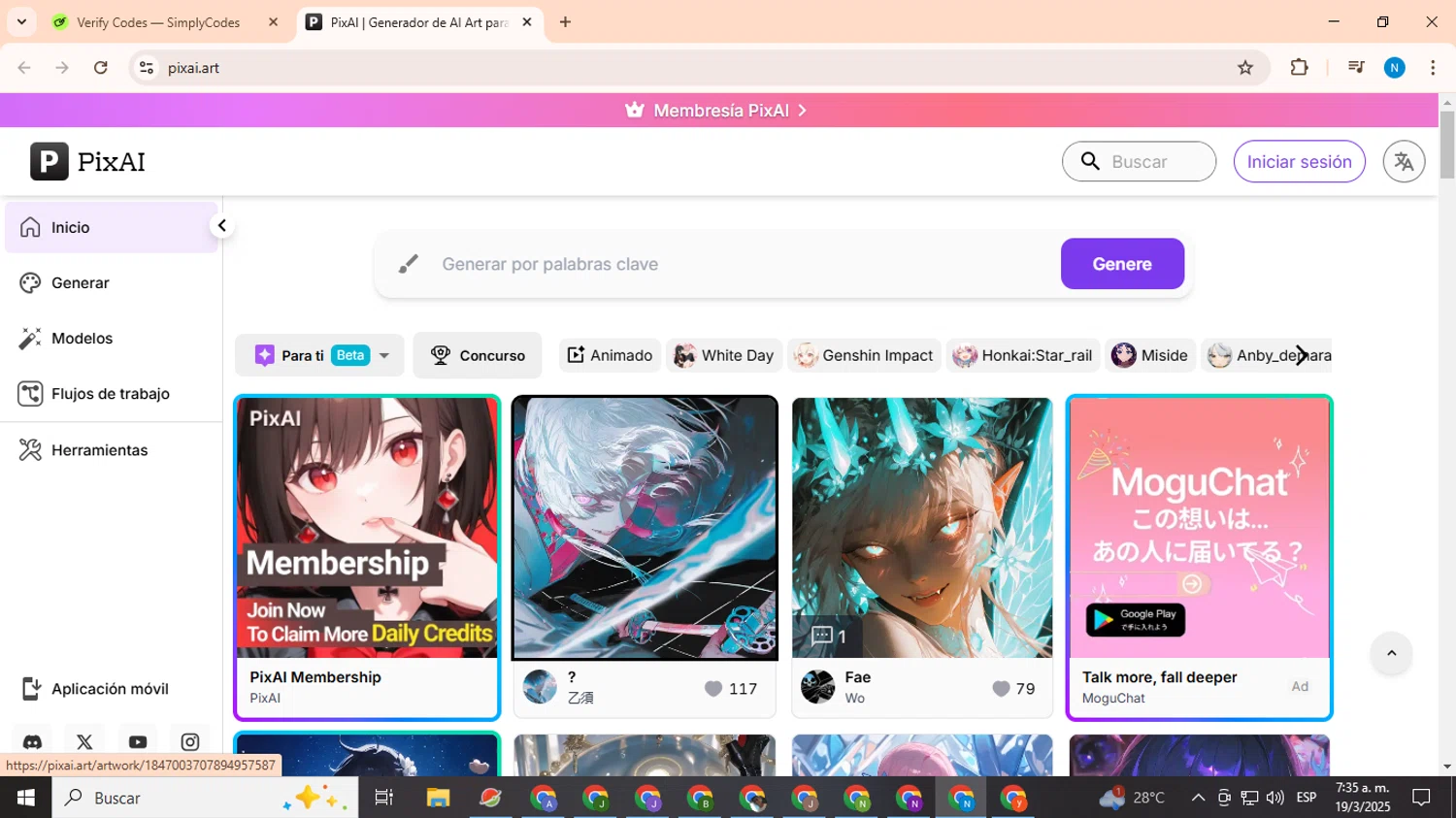 PixAI coupon code screenshot showing code GIFT20 applied at PixAI checkout page. Uploaded by SimplyCodes community member CoinHawk678 on Mar 19, 2025