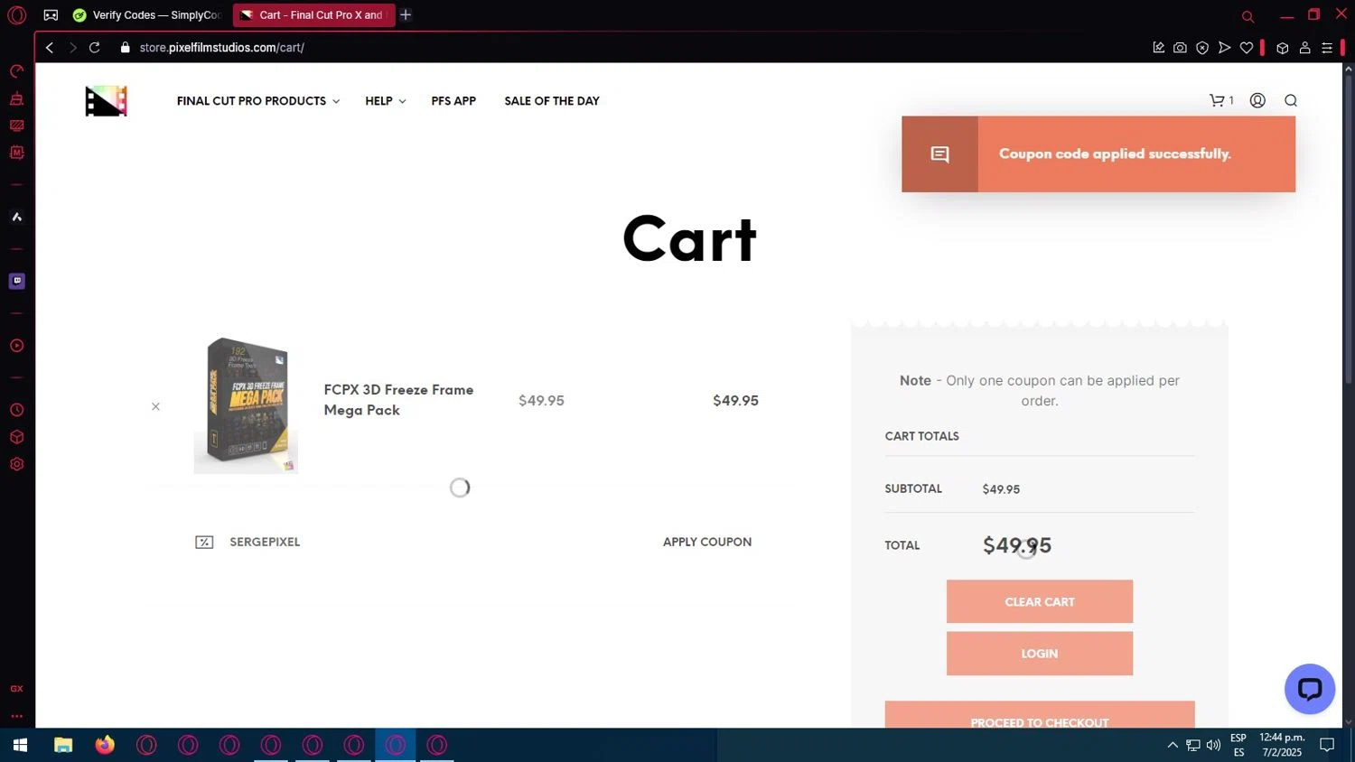 Pixel Film Studios discount code screenshot showing code SERGEPIXEL applied at Pixel Film Studios checkout page. Uploaded by SimplyCodes community member Margareth_thatcher on Feb 7, 2025