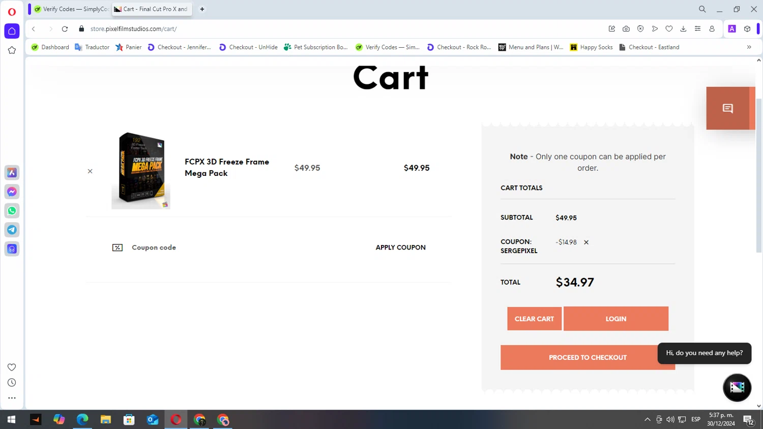 Pixel Film Studios discount code screenshot showing code SERGEPIXEL applied at Pixel Film Studios checkout page. Uploaded by SimplyCodes community member elbicho22 on Dec 30, 2024