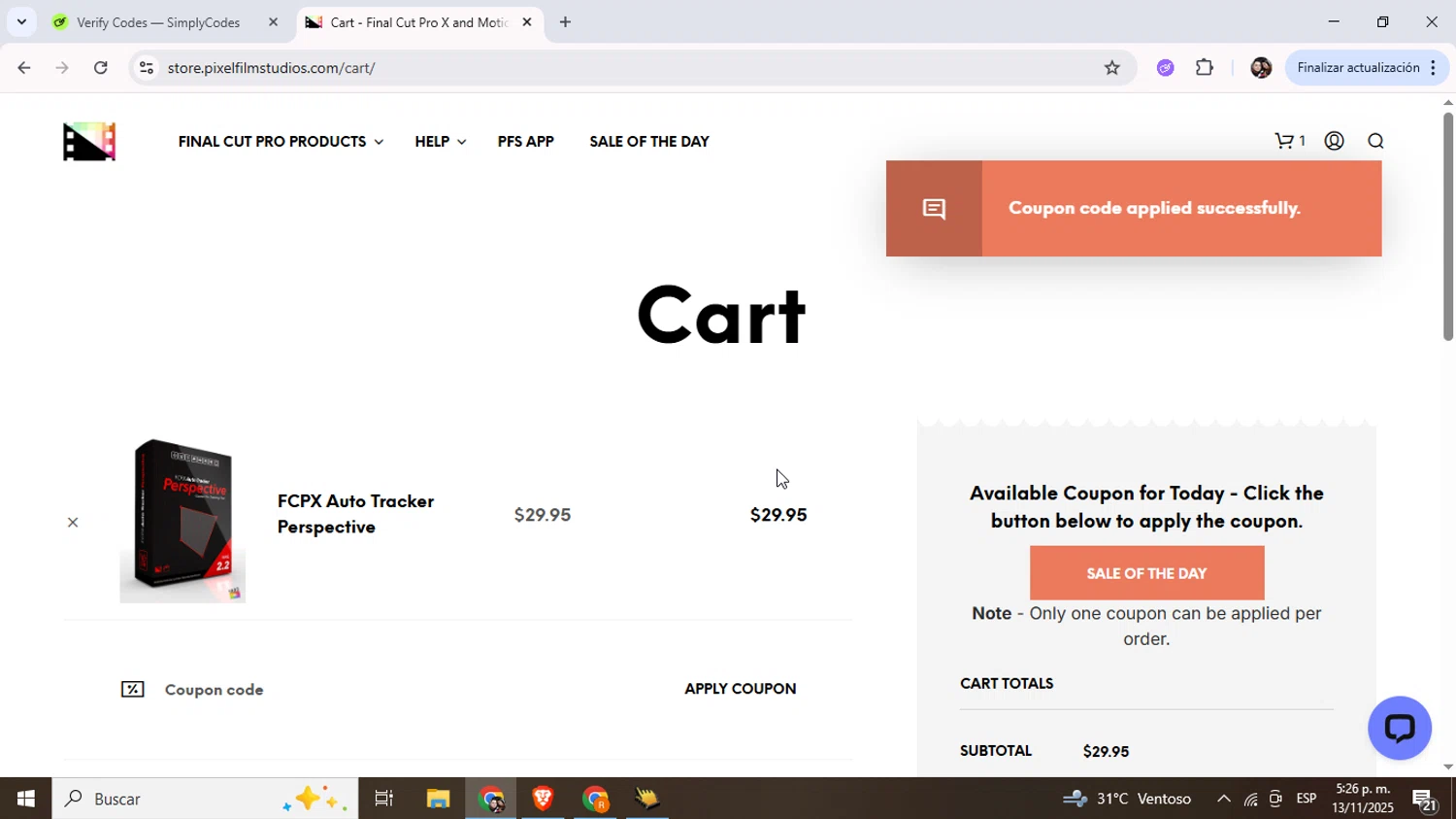 Pixel Film Studios discount code screenshot showing code JEVENPIXEL applied at Pixel Film Studios checkout page. Uploaded by SimplyCodes community member Junniorduno on Nov 13, 2025
