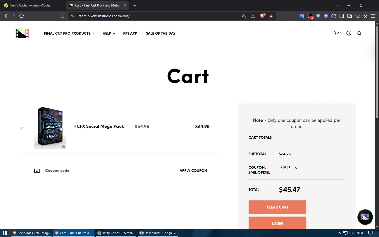 Pixel Film Studios discount code screenshot showing code EMILIOPIXEL applied at Pixel Film Studios checkout page. Uploaded by SimplyCodes community member Voucher200 on Jun 24, 2025