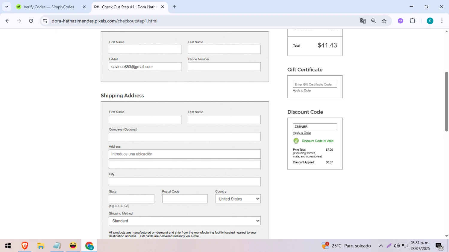 Pixels discount code screenshot showing code ZBBNBR applied at Pixels checkout page. Uploaded by SimplyCodes community member ExtraordinarySeeker8039 on Jul 23, 2025