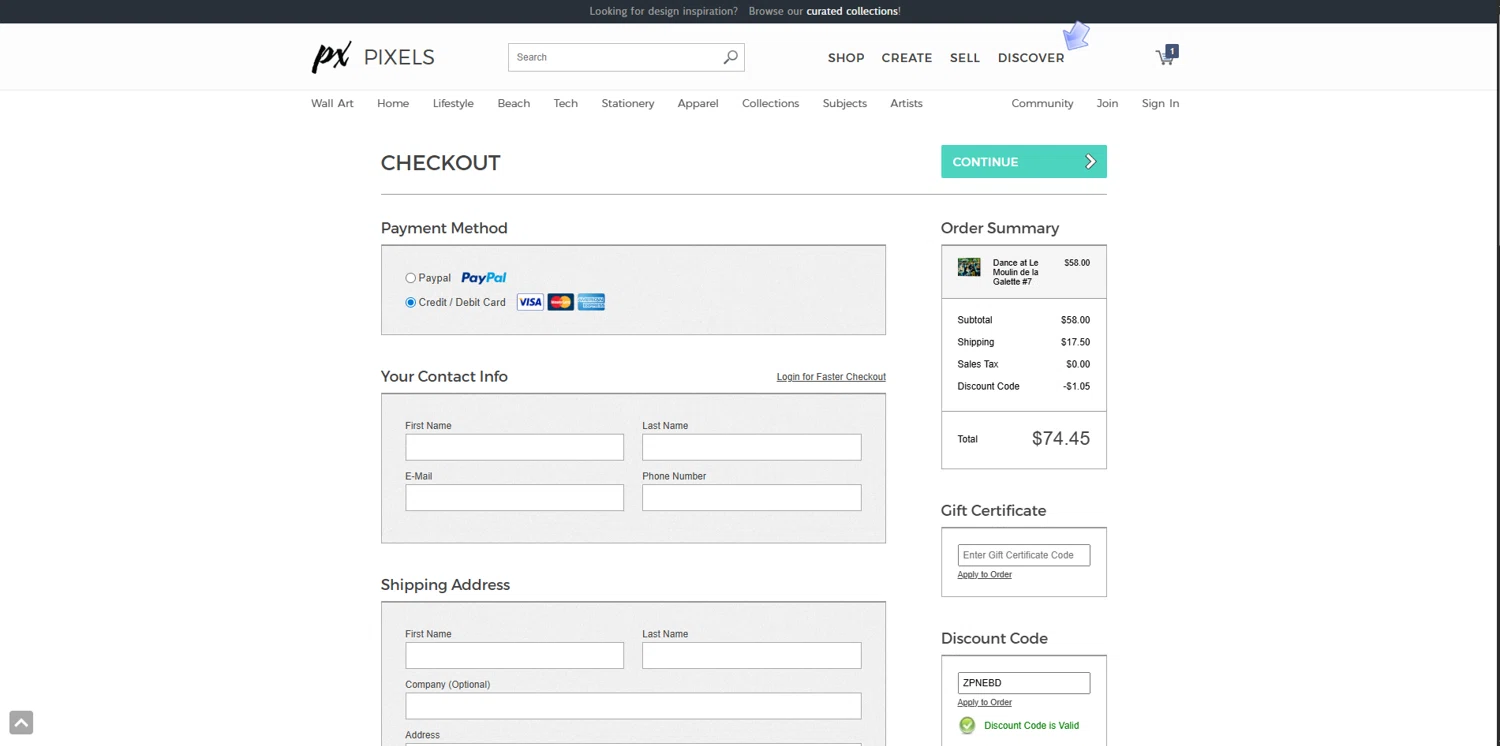 Pixels discount code screenshot showing code ZPNEBD applied at Pixels checkout page. Uploaded by SimplyCodes community member SmartChaser6420 on Sep 23, 2025