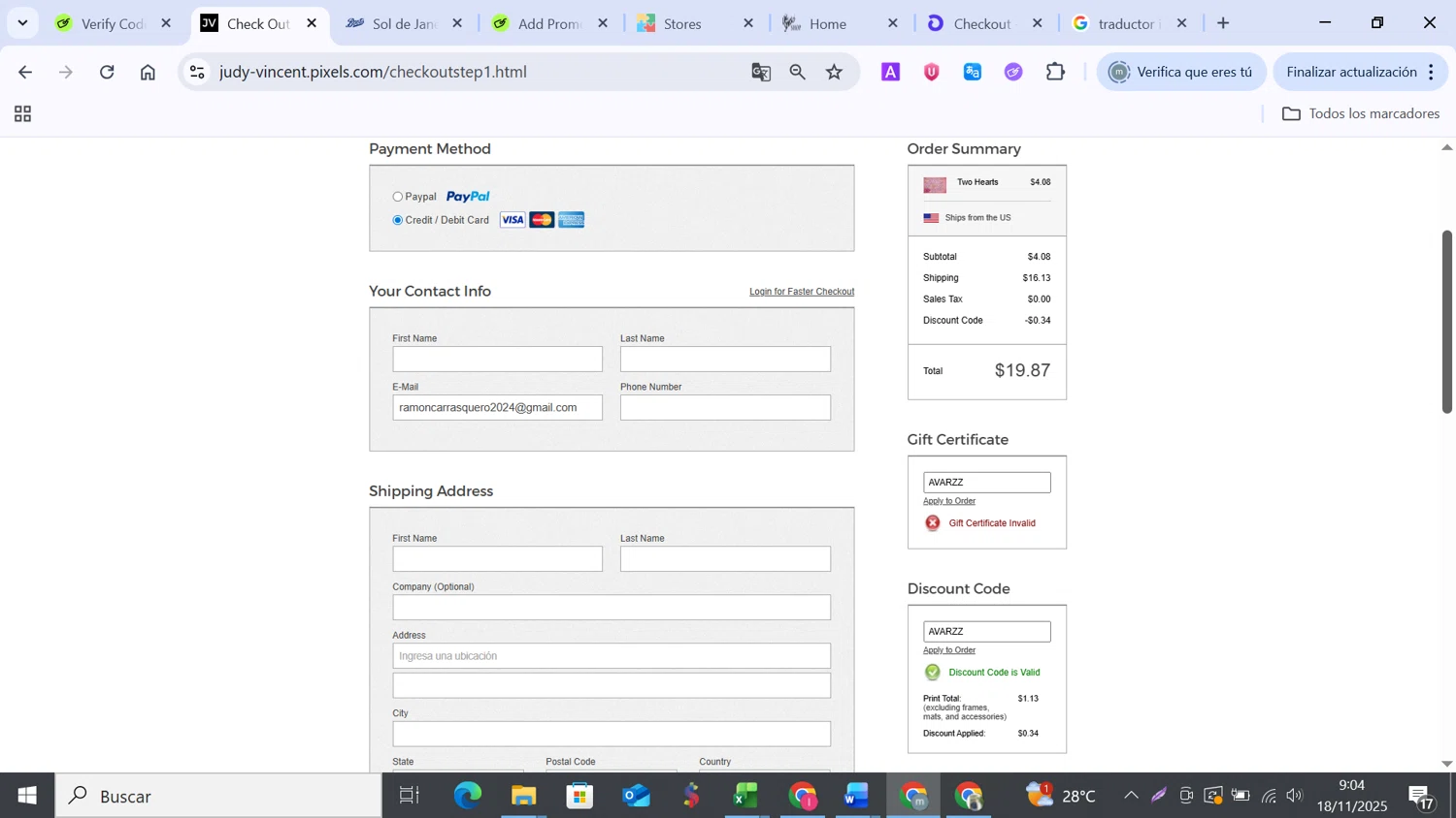 Pixels checkout page showing Pixels discount code box | Screenshot taken by SimplyCodes community member on Nov 18, 2025