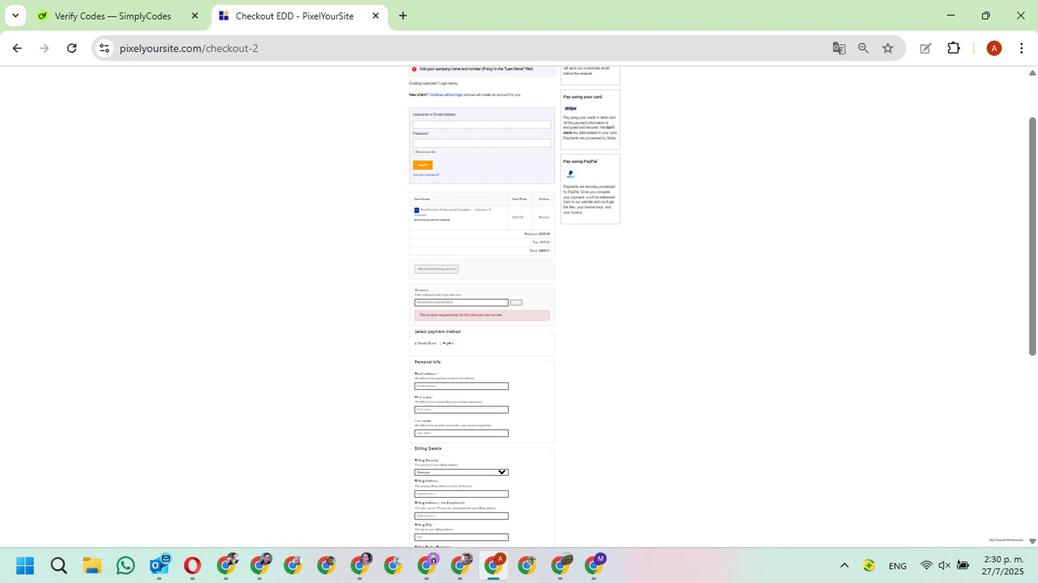 Pixel Your Site coupon code screenshot showing code PERSONALNOWQEKIIGG applied at Pixel Your Site checkout page. Uploaded by SimplyCodes community member FundoKadmiel on Jul 27, 2025