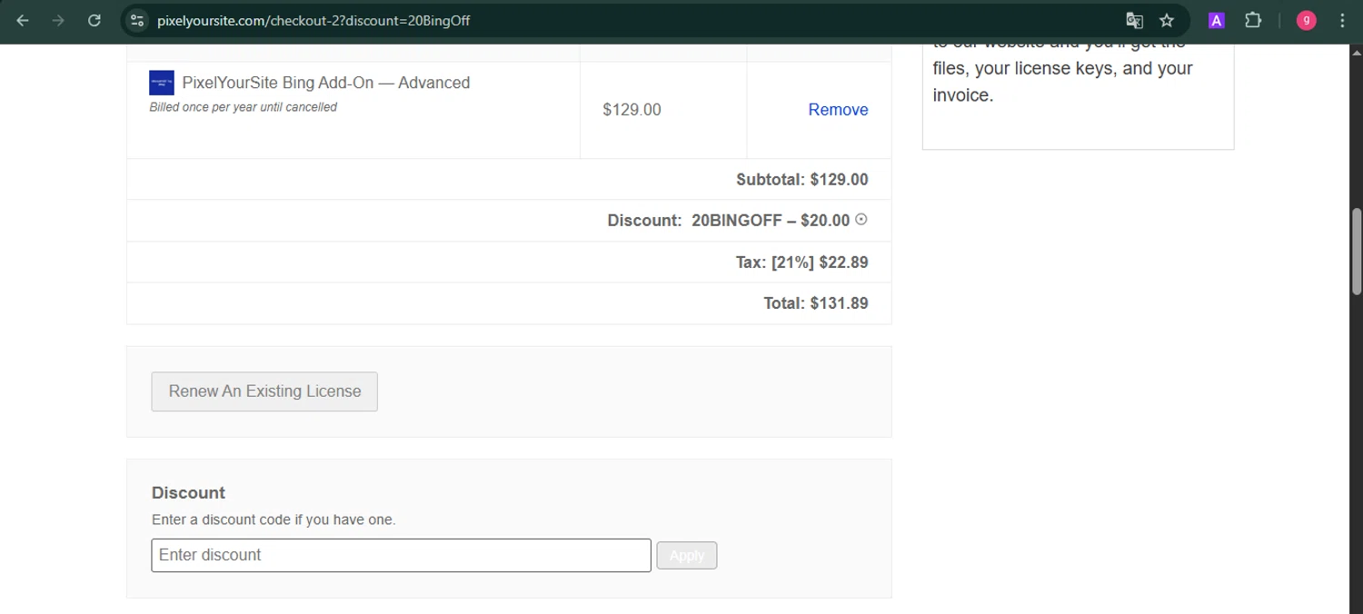 Pixel Your Site coupon code screenshot showing code 20BINGOFF applied at Pixel Your Site checkout page. Uploaded by SimplyCodes community member MoneyFalcon481 on Sep 27, 2025
