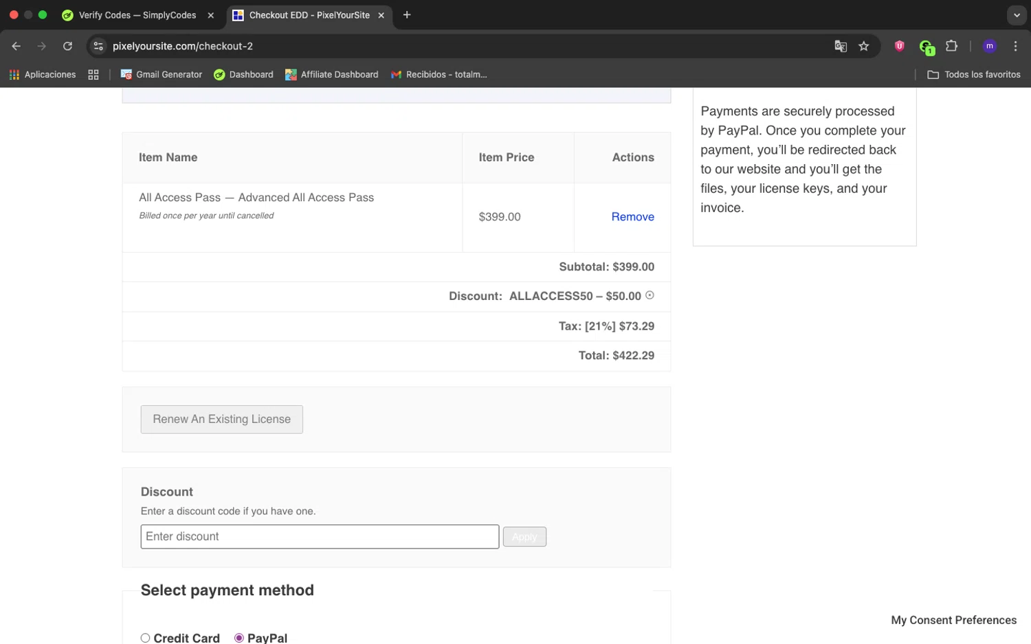 Pixel Your Site coupon code screenshot showing code ALLACCESS50 applied at Pixel Your Site checkout page. Uploaded by SimplyCodes community member 1234ely on Aug 6, 2025
