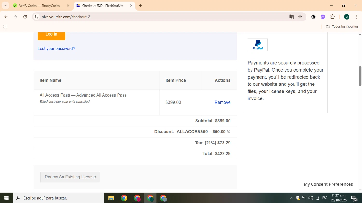 Pixel Your Site coupon code screenshot showing code ALLACCESS50 applied at Pixel Your Site checkout page. Uploaded by SimplyCodes community member CrownOwl1879 on Oct 25, 2025