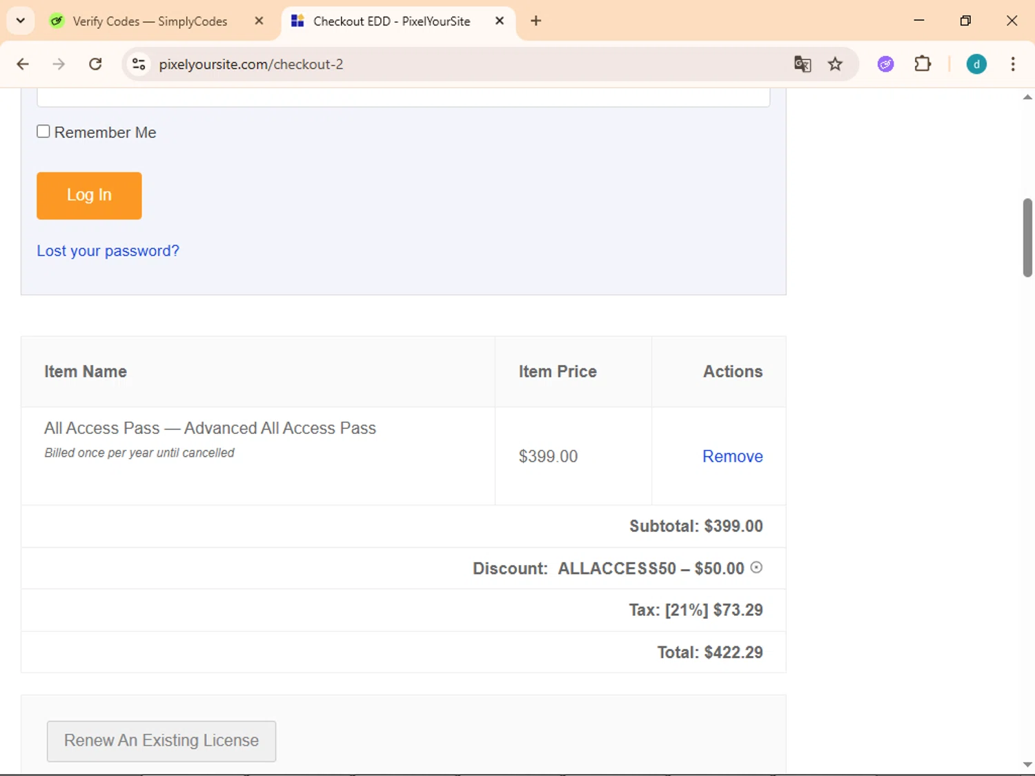 Pixel Your Site coupon code screenshot showing code ALLACCESS50 applied at Pixel Your Site checkout page. Uploaded by SimplyCodes community member Simpsince95 on Nov 24, 2025
