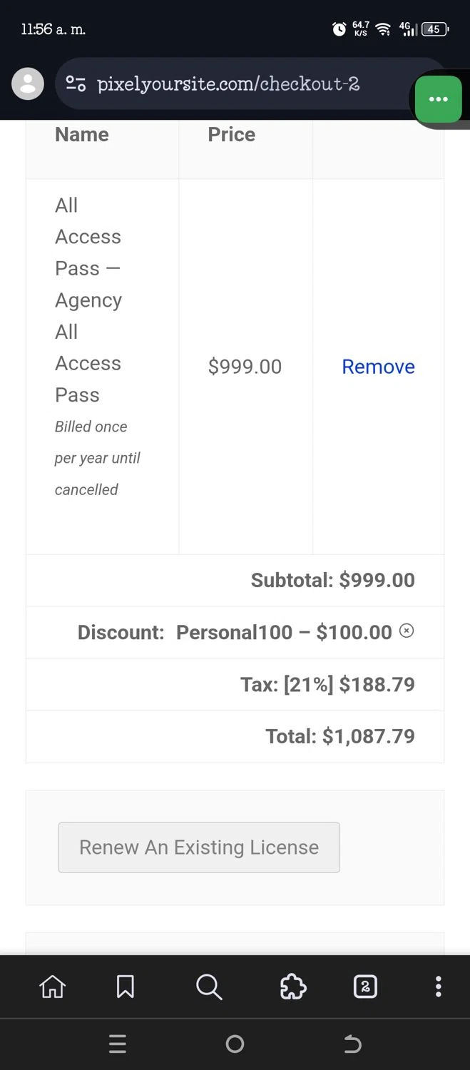 Pixel Your Site coupon code screenshot showing code Personal100 applied at Pixel Your Site checkout page. Uploaded by SimplyCodes community member VillaloboY on Nov 20, 2025
