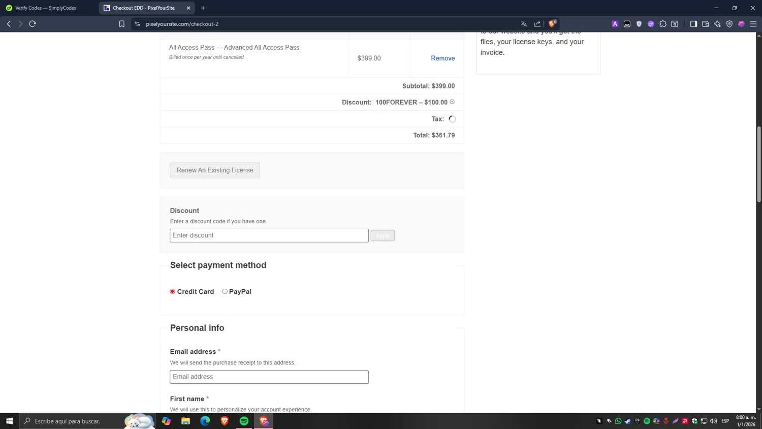 Pixel Your Site coupon code screenshot showing code 100FOREVER applied at Pixel Your Site checkout page. Uploaded by SimplyCodes community member Carlos54 on Jan 1, 2026