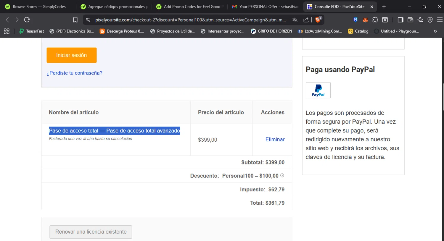 Pixel Your Site coupon code screenshot showing code Personal100 applied at Pixel Your Site checkout page. Uploaded by SimplyCodes community member Aleestuse on Sep 27, 2025