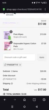 Pixiegift15 coupon verification screenshot