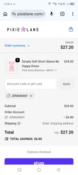 PixieLane coupon verification screenshot