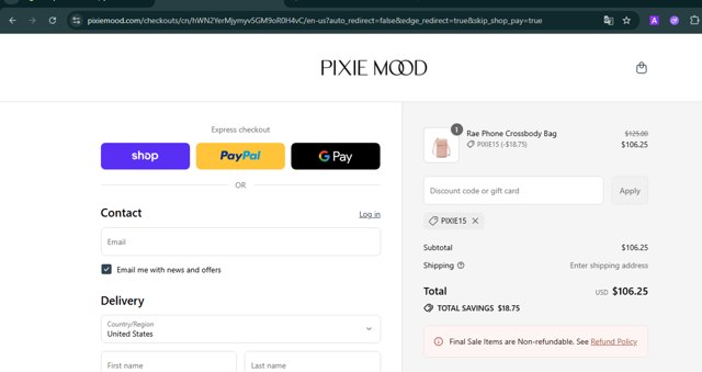 Pixie Mood checkout page showing Pixie Mood promo code box | Screenshot taken by SimplyCodes community member on Sep 3, 2025