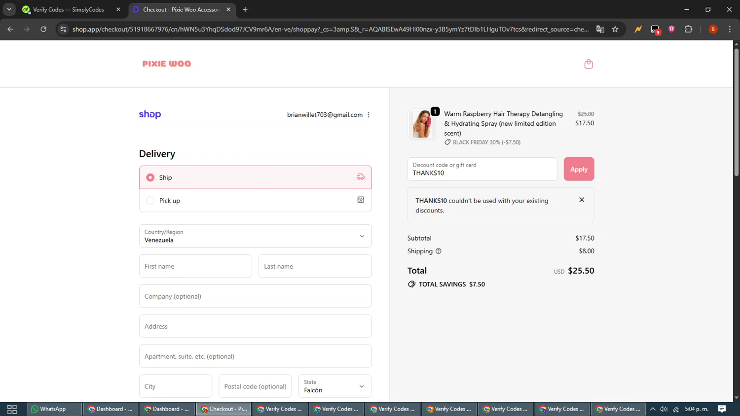 Pixie Woo promo code screenshot showing code THANKS10 applied at Pixie Woo checkout page. Uploaded by SimplyCodes community member BrilliantLynx7174 on Nov 30, 2025