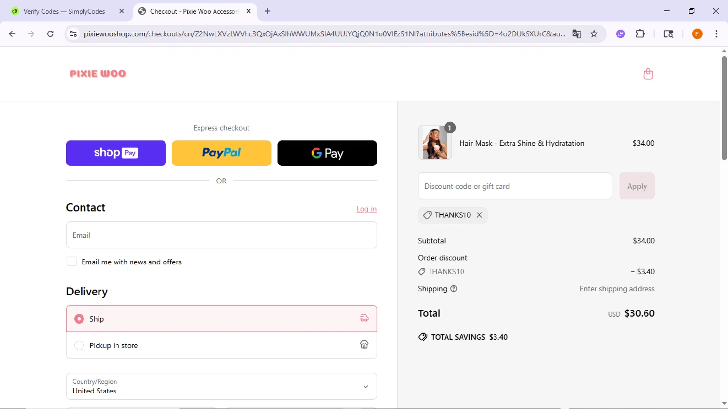 Pixie Woo promo code screenshot showing code THANKS10 applied at Pixie Woo checkout page. Uploaded by SimplyCodes community member TreasureSleuth5198 on Jun 16, 2025