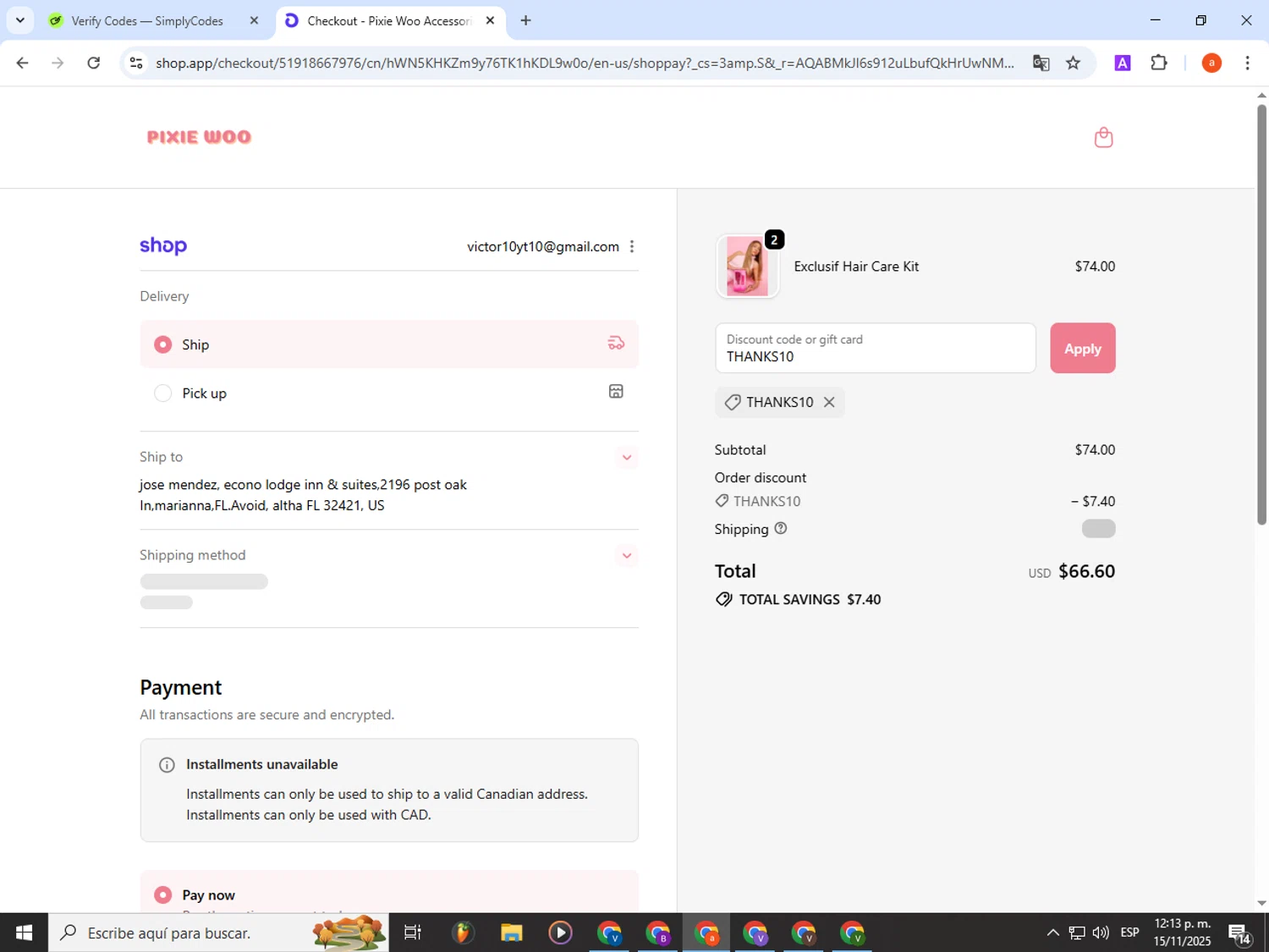 Pixie Woo promo code screenshot showing code THANKS10 applied at Pixie Woo checkout page. Uploaded by SimplyCodes community member partenalgas on Nov 15, 2025