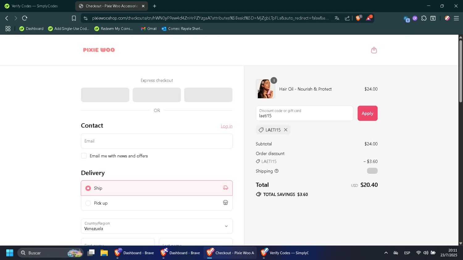 Pixie Woo promo code screenshot showing code laeti15 applied at Pixie Woo checkout page. Uploaded by SimplyCodes community member SmartWhiz6845 on Jul 24, 2025