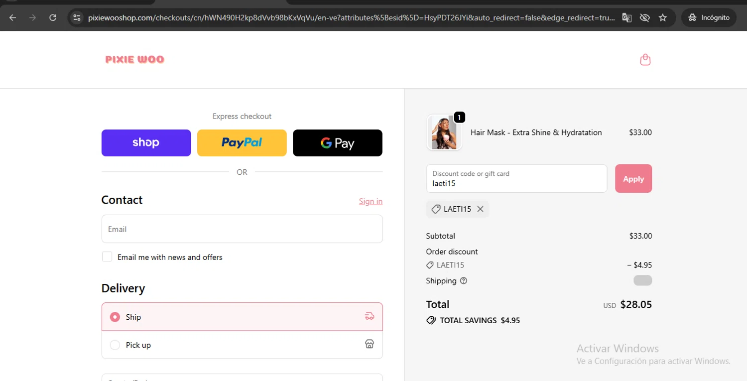 Pixie Woo promo code screenshot showing code laeti15 applied at Pixie Woo checkout page. Uploaded by SimplyCodes community member UchihaMadara on Oct 15, 2025