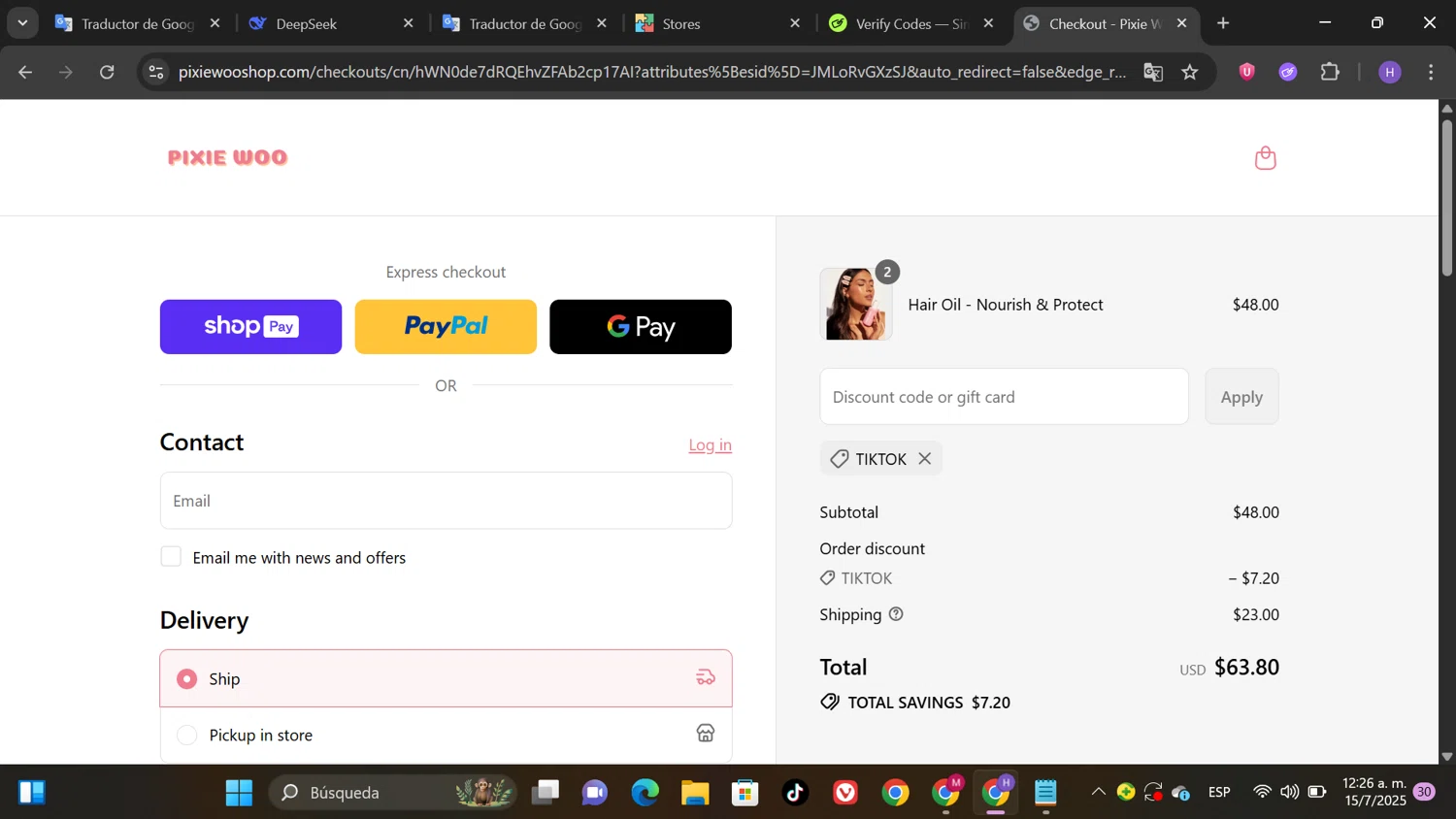 Pixie Woo promo code screenshot showing code tiktok applied at Pixie Woo checkout page. Uploaded by SimplyCodes community member Patricioestrella on Jul 15, 2025