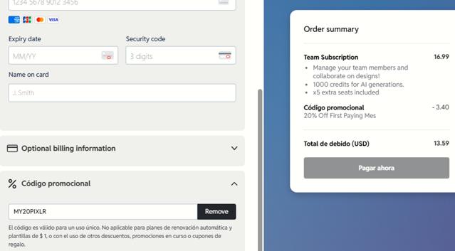Pixlr checkout page showing Pixlr promo code box | Screenshot taken by SimplyCodes community member on Sep 7, 2025