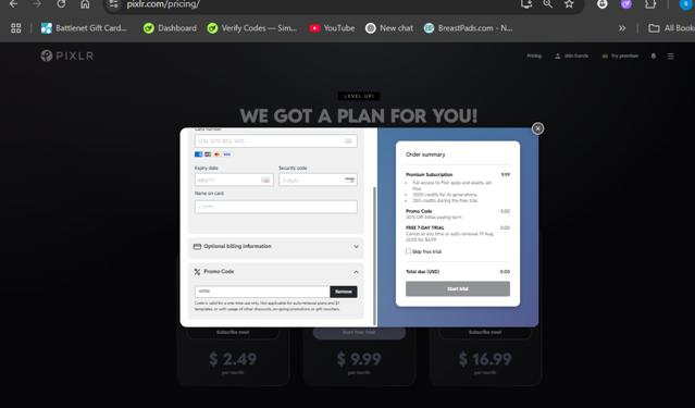 Pixlr checkout page showing Pixlr promo code box | Screenshot taken by SimplyCodes community member on Aug 12, 2025