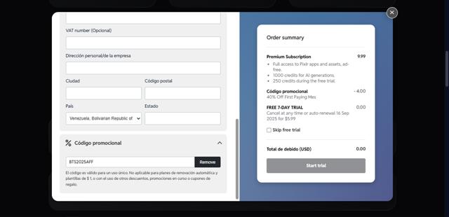 Pixlr checkout page showing Pixlr promo code box | Screenshot taken by SimplyCodes community member on Sep 9, 2025