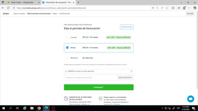 Pixpa checkout page showing Pixpa discount code box | Screenshot taken by SimplyCodes community member on Aug 19, 2025