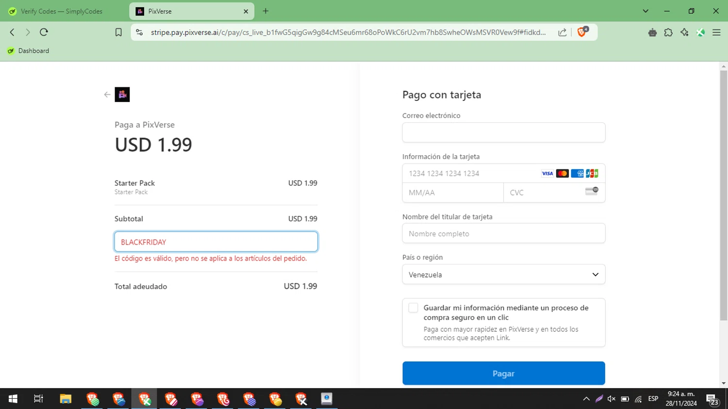 PixVerse checkout page showing PixVerse promo code box | Screenshot taken by SimplyCodes community member on Nov 28, 2024