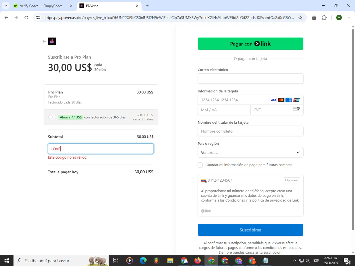 PixVerse promo code screenshot showing code LOVE applied at PixVerse checkout page. Uploaded by SimplyCodes community member PrimeWizard4168 on Mar 25, 2025